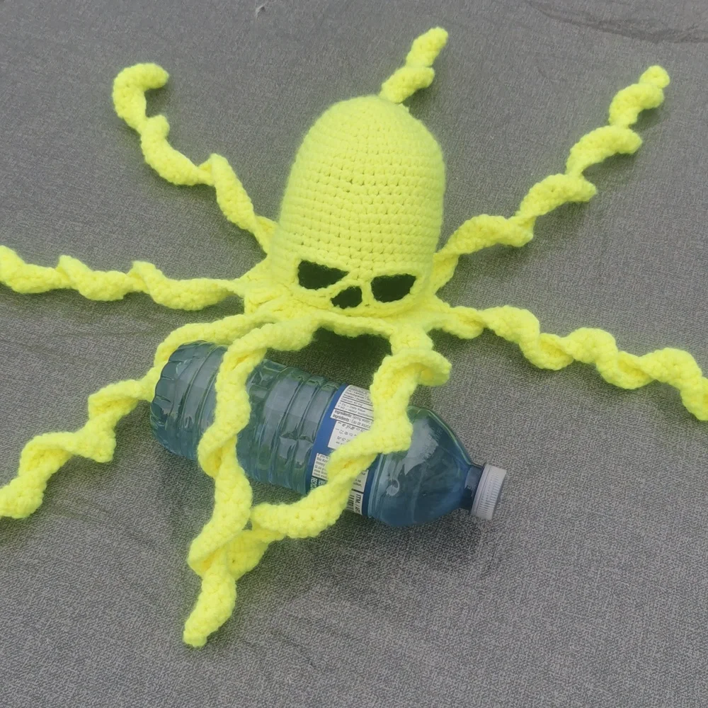 Creepy Octopus Bright Neon Yellow with black eyes crochet handmade homemade - Picture 3 of 5